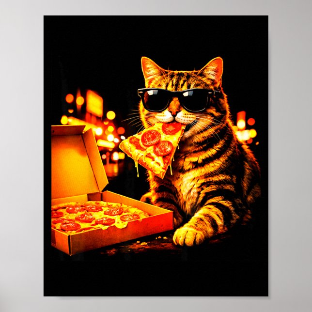 Rolig meme katt meme med solglasögon äter pizza poster (Framsidan)