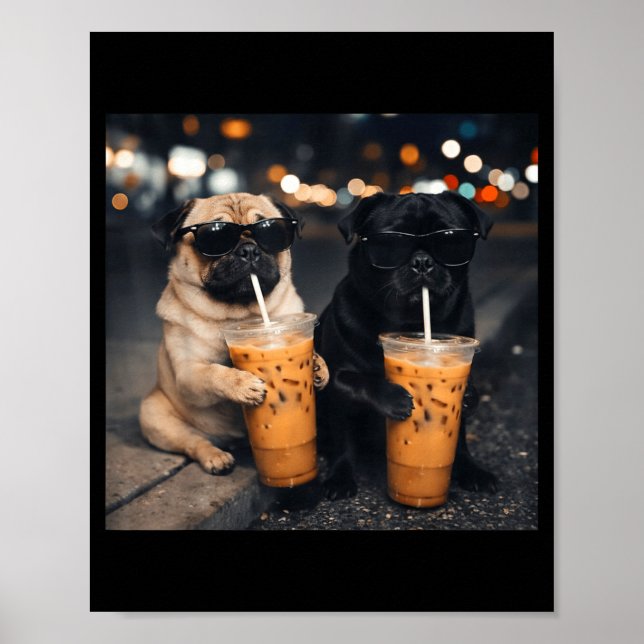 Rolig meme två mopsar dricker iskaffe  poster (Framsidan)