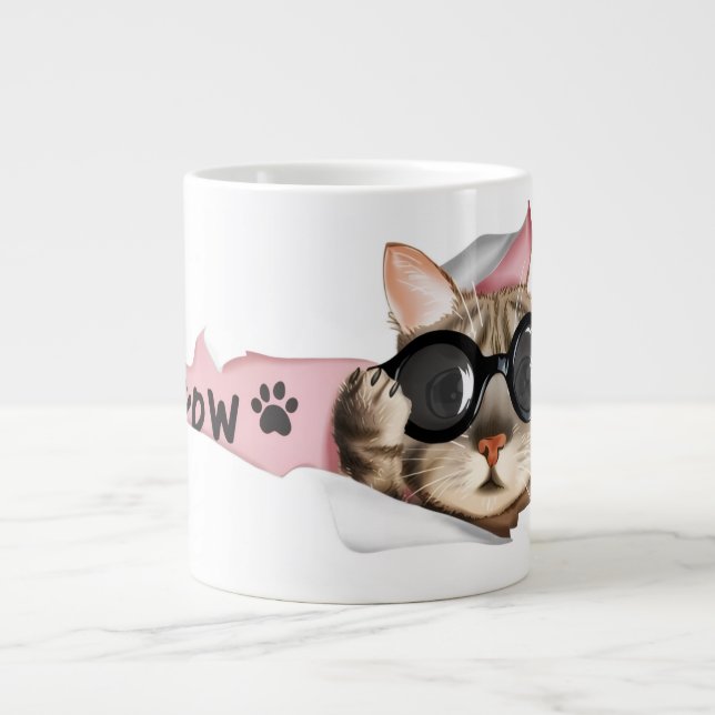 Rolig ”Meow” Katt med Glasögon Design Jumbo Mugg (Framsidan)