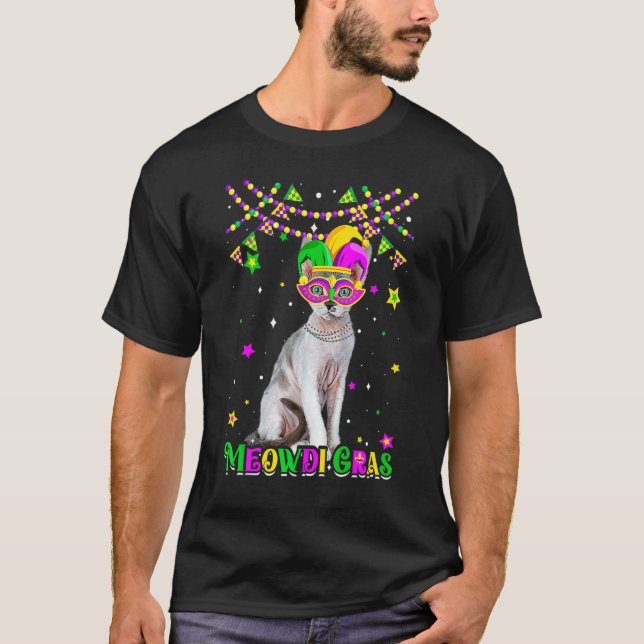 Rolig Meowdi Gras Devon Rex Katt Mardi Gras Karnev T Shirt (Framsida)