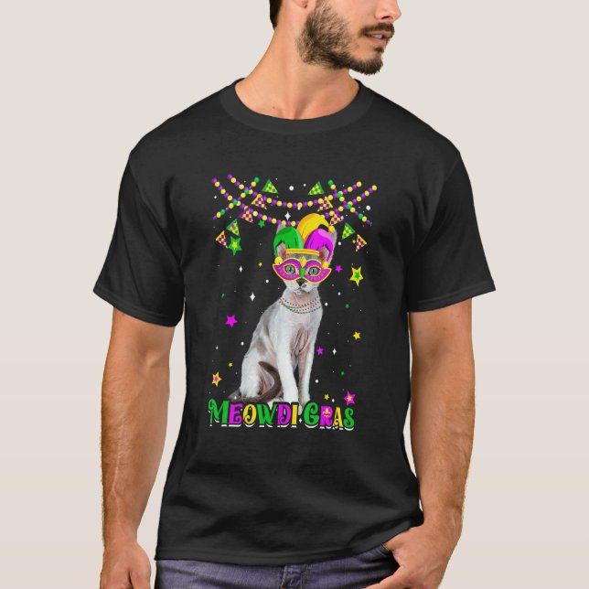 Rolig Meowdi Gras Devon Rex Katt Mardi Gras Karnev T Shirt (Framsida)