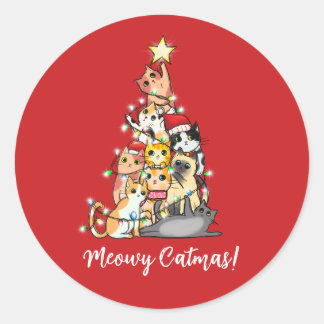 Rolig Meowy Catmas Katter Julgran Runt Klistermärke