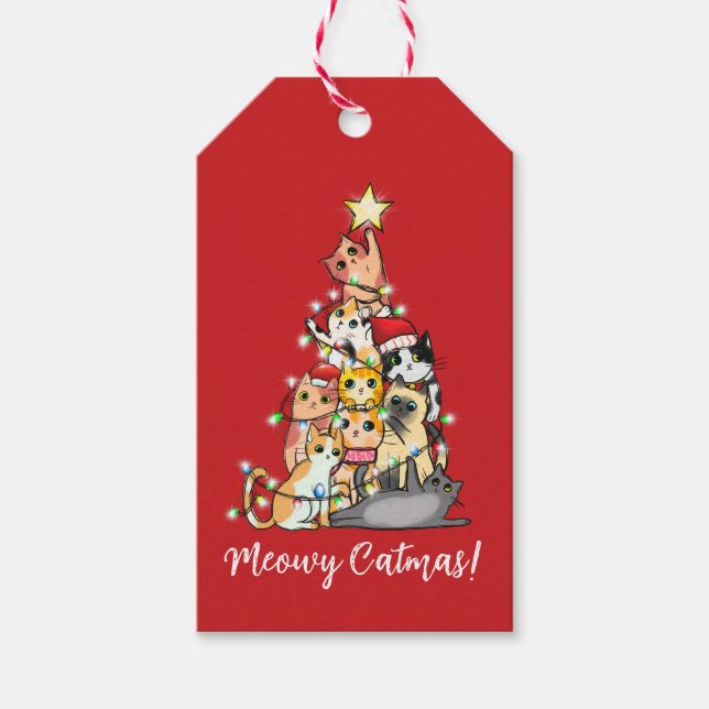 Rolig Meowy Kattmas Katter Julgran Anpassad Presentetikett (Framsidan)