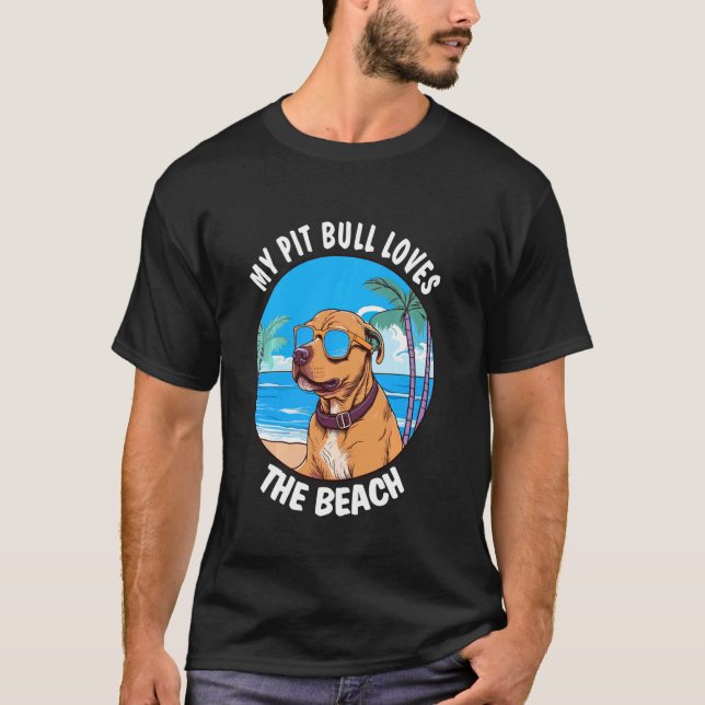Rolig Min Pit Bull älskar stranden T Shirt (Framsida)