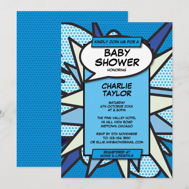 Rolig Modern Baby Shower Pojke Blå Tecknad Serie Inbjudningar (Fram/baksida)