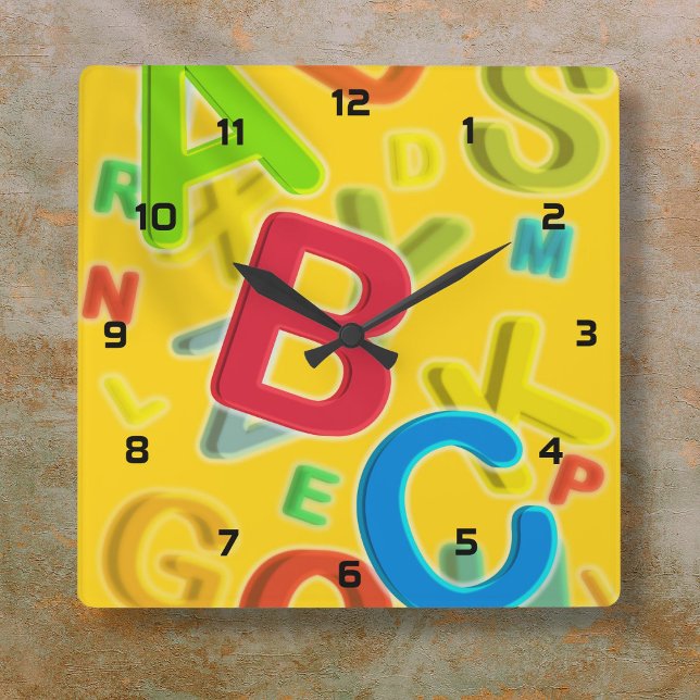 Rolig Modern Färgglad ABC Fyrkantig Klocka (Fun Modern Colorful ABC Square Wall Clock)