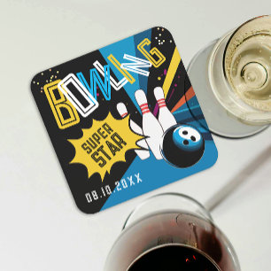 Rolig Modern Färgrik Blå Strike Bowling Stjärna Pa Underlägg Papper Kvadrat