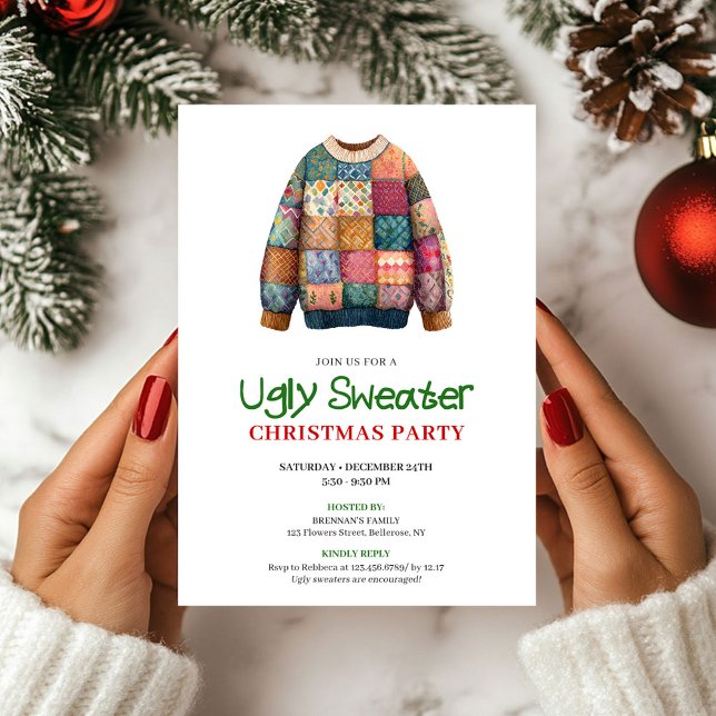 Rolig Modern Fjulig Julinbjudan Inbjudningar (Fun Modern Ugly Sweater Christmas Invitation)
