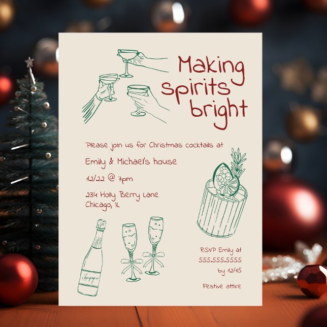 Rolig & Modern Handritad Grön & Krämfärgad Julfest Inbjudningar (Skapare uppladdad)