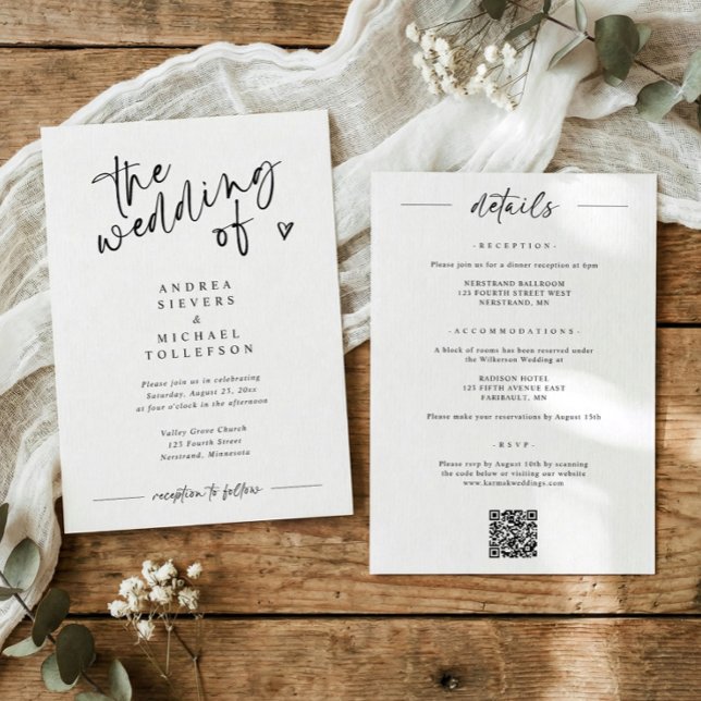 Rolig Modern Handskrift Svart & Vit Bröllop Inbjudningar (Modern black and white wedding invitation with “the wedding of” in fun handwritten script)
