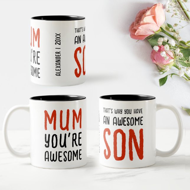 Rolig Modern Röd Svart Typsnitt Mamma Son  Två-Tonad Mugg (Skapare uppladdad)
