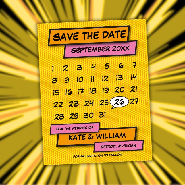 Rolig modern seriebokskalender Spara datum Meddelande Vykort (Calendar Fun Modern Comic Book Save The Date Announcement Postcard)