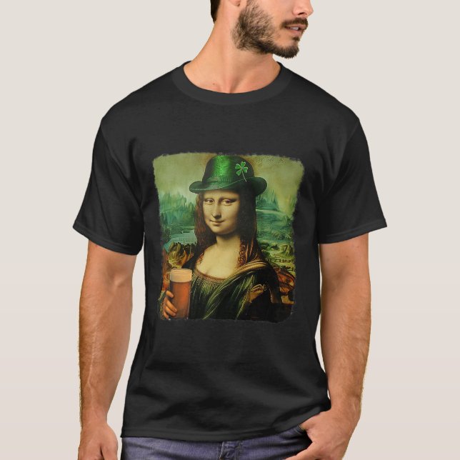 Rolig Mona Lisa St. Patricks Day Shamrock Hatt Lep T Shirt (Framsida)