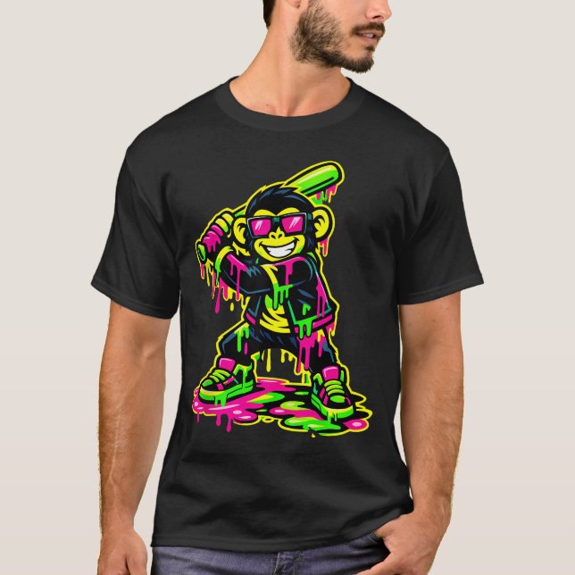 Rolig Monkey Djur Baseboll Drip Ungdom Pojkar T Shirt (Framsida)