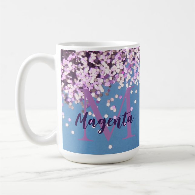 Rolig monogram lila konfetti på blå      kaffemugg (Vänster)