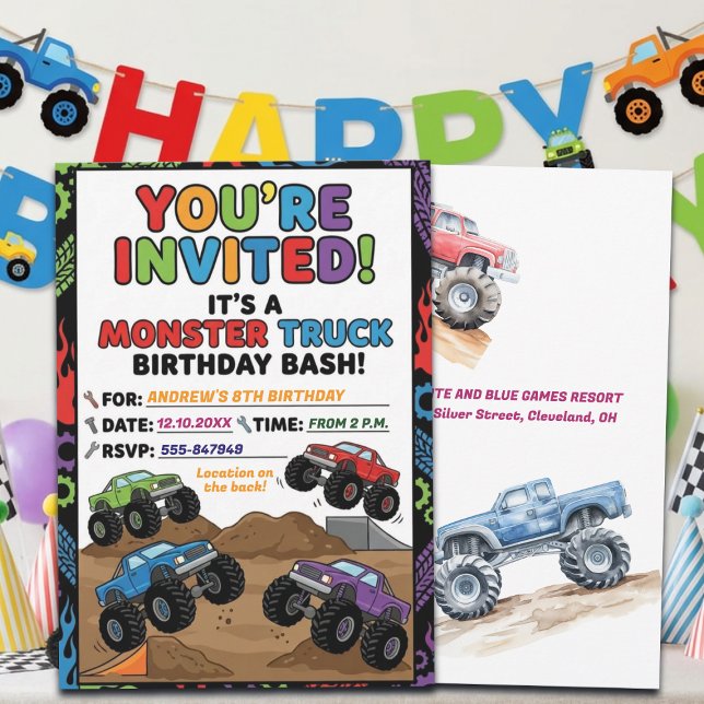 Rolig monstertruck-inbjudan till 8-års födelsedags inbjudningar (Skapare uppladdad)