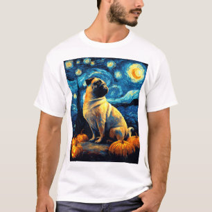 Rolig mops hund av van gogh stjärnklar natt hallow t shirt