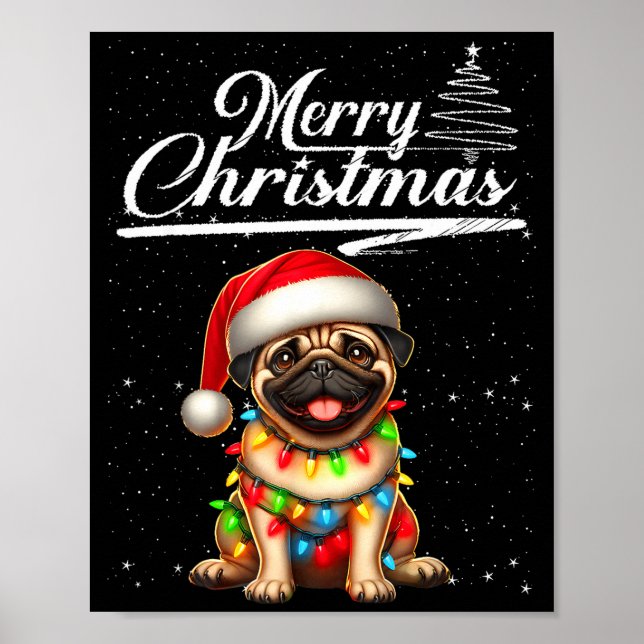 Rolig Mops Hund Julbelysning Tomtehatt Godisbit Poster (Framsidan)