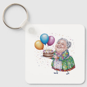 Rolig mormor blommig förkläde födelsedags konst nyckelring