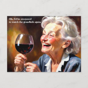 Rolig mormor dricker vin vykort