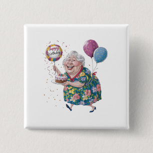 Rolig Mormor Födelsedagstårta Och Ballong Knapp