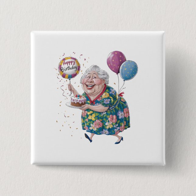 Rolig Mormor Födelsedagstårta Och Ballong Knapp (Framsida)