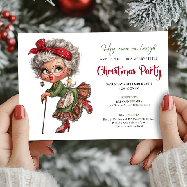 Rolig Mormor Serieteckning Julfirande Inbjudan (Funny Granny Comic Christmas Holiday Invite)