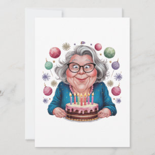 Rolig mormor som stirrar på tårta födelsedags kons inbjudningar