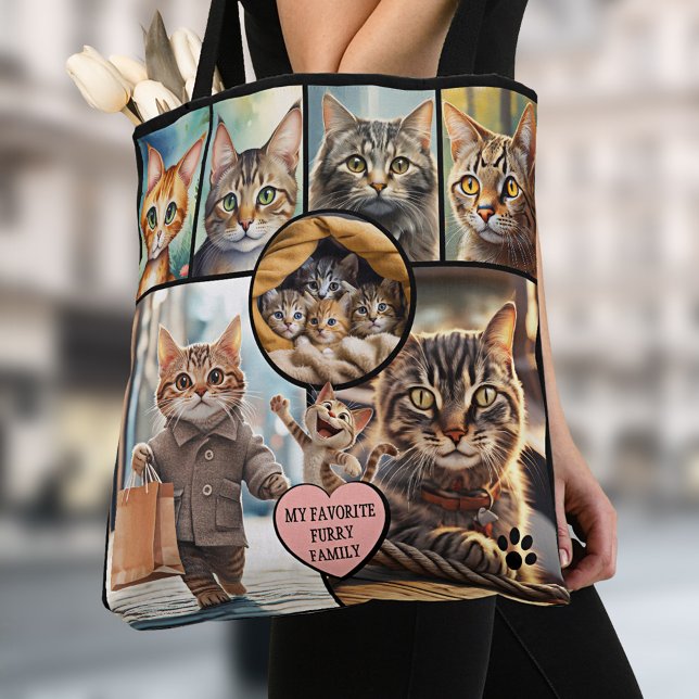 Rolig Multifoto Collage Kattälskare Tygkasse (Tote bag featuring a collage of your favorite cat photos in different shapes with a heart)