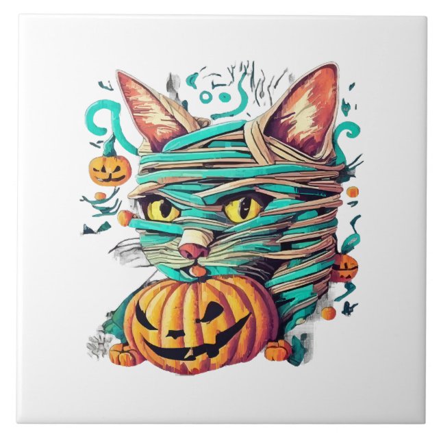 Rolig Mummi Katt Halloween Kakelplatta (Framsidan)