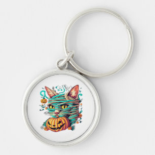 Rolig Mummie Katt Halloween Rund Silverfärgad Nyckelring