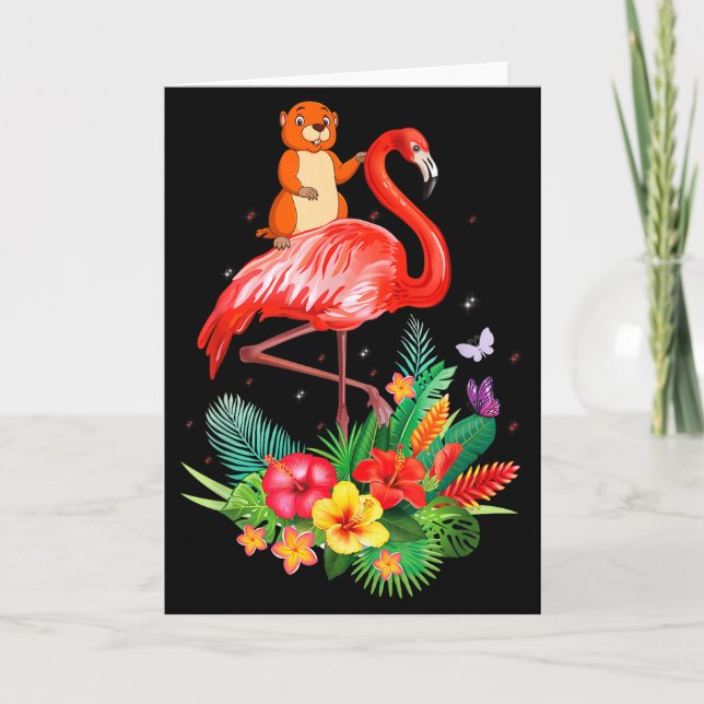 Rolig Murmeldjur Ridande Flamingo Blommor Vilda Dj Kort (Framsida)