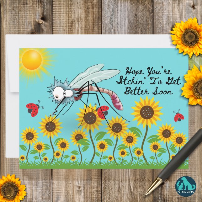 Rolig Mygga Tillfriskna Snart Platt Kort (A mosquito delivering smiles instead of itchy bites. 🦟💛 Get well soon!)
