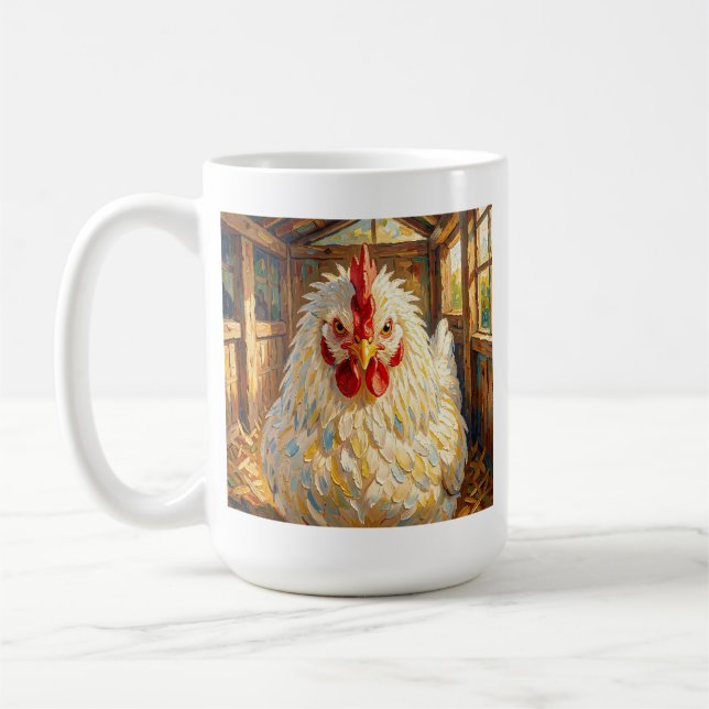 Rolig närbild på impastokylling som ser arg ut kaffemugg (Vänster)