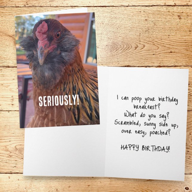 Rolig närbildsfotografi på kycklinghuvud kort (humorous chicken template greeting card cover and inside)