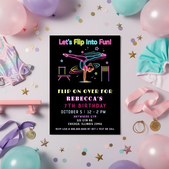 Rolig Neon Glöd Gymnastik Födelsedagsfest Inbjudningar (Flip On Over Fun Neon Glow Gymnastic Birthday Invitation)