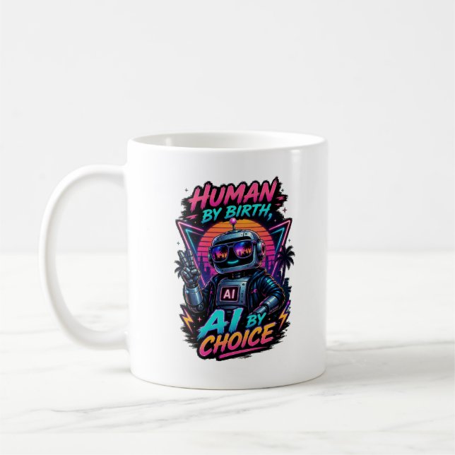Rolig neonrobot med 'Människa från födsel, AI geno Kaffemugg (Vänster)