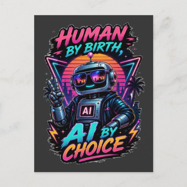 Rolig neonrobot med 'Människa från födseln, AI gen Helg Vykort (Framsida)