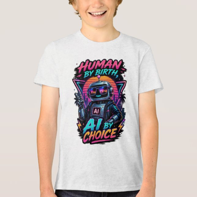 Rolig neonrobot med "Människa från födseln, AI gen T Shirt (Framsida)