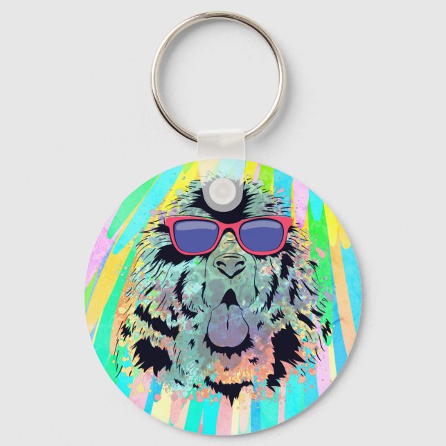Rolig Newfoundland Hund Solglasögon Design Nyckelring (Framsida)