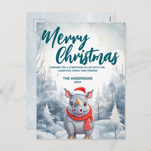 Rolig Noshörning Glad Jul gran snö Högtidlig fest Helg Vykort (Fram/baksida)
