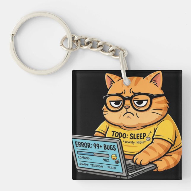Rolig nyckelring med orange katt programmerare (Framsidan)