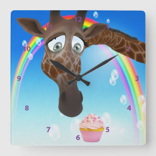 Rolig nyckfull giraff, muffin & regnbåge fyrkantig klocka