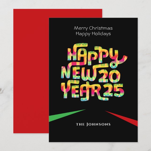 Rolig nytt år Färgglad modern anpassad text Svart Julkort (Fram/baksida)