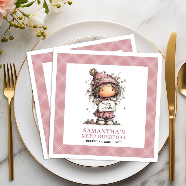 Rolig och nyckfull rosa servett för flickor 2 år (Kids 2nd Birthday Girl Funny Whimsical Pink Napkin)