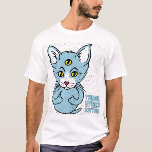 Rolig och otrevlig katt med tre ögon i grunge-stil t shirt