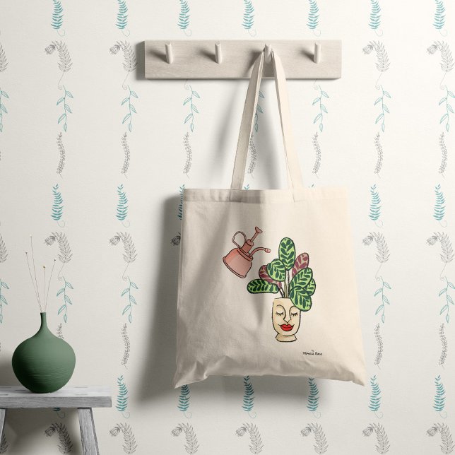 Rolig och söt krukväxt med ditt namn tygkasse (Tote bag with fun illustrated plant and customizable with your name)