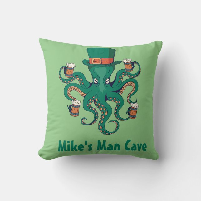 Rolig Ölhuvud Octopus Ditt Förnamn Man Cave Kudde (Framsida)