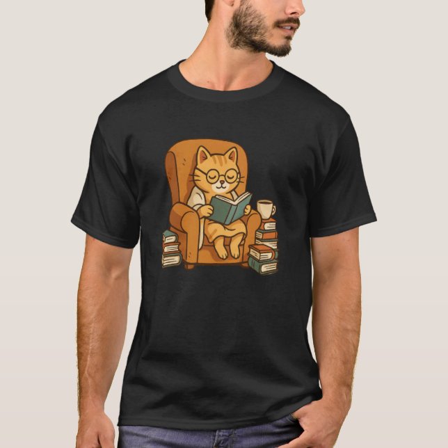 Rolig Orange Katt Läsande Bok T Shirt (Framsida)