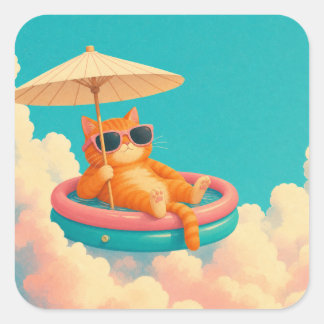 Rolig Orange Katt Pool Flotte Sommarlov Fyrkantig Fyrkantigt Klistermärke